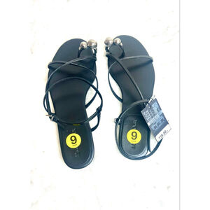 NWT Massimo Dutti Black Leather Sandals with metal toe strap Women Size 39/9